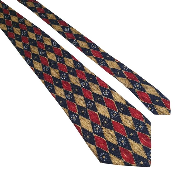 Paul Fredrick Silk Tie Harlequin Red Gold Blue Diamond Daisies Handmade Italy - Picture 1 of 5